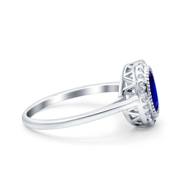 Halo Art Deco Oval Wedding Bridal Ring Simulated Blue Sapphire CZ 925 Sterling Silver